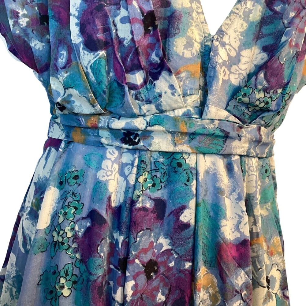 Free People Floral Mini Dress Womens Small Blue Purple Good Boho V-Neck Tie Back - Picture 5 of 13